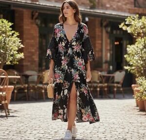 NEW LIFE Love Is For Eternity Floral Crinkle Two Button Topper Swim Cover L
